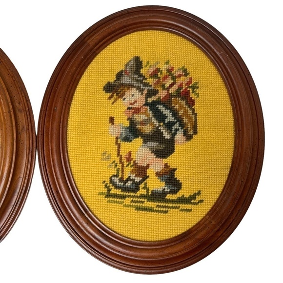 Vintage Needlepoint Hummel-Look Girl & Boy Oval Framed Petit Point Wood Gold - Picture 3 of 7